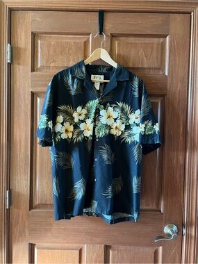KY’s Aloha Shirt 100% Cotton Hibiscus Border Black Size L